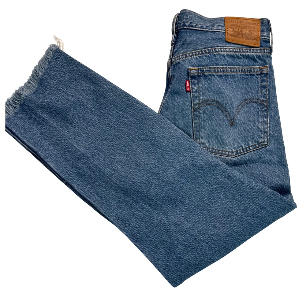 Levis Premium Wedgie Straight Jeans Womens 29 Distressed Ripped Raw Hem Blue